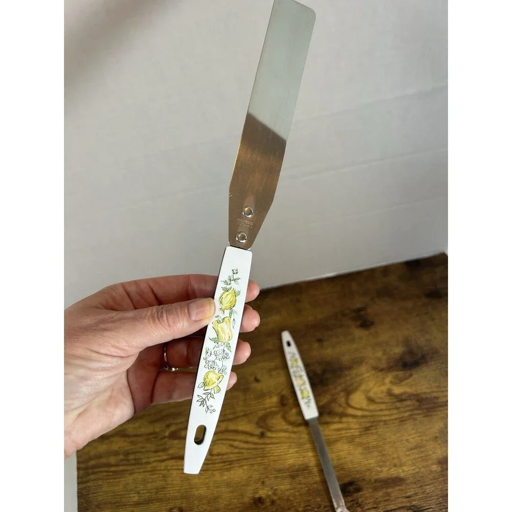 Vintage Floral Handle Slotted Spoon & Spreader Set Stainless Steel USA Mushroom